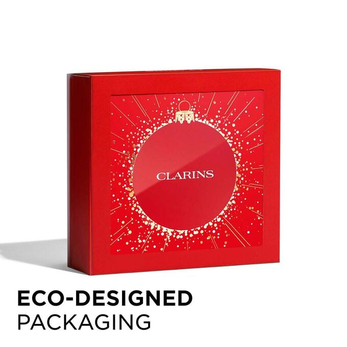 Packshot of Clarins Christmas gift pack with eco-friendly packaging, emphasizing sustainability and thoughtful gift-giving.