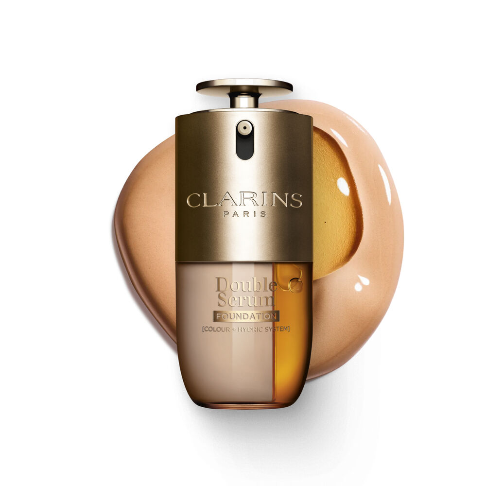 Packshot of Clarins Double Serum Foundation available for every skin tone, featuring key ingredients turmeric and papain 