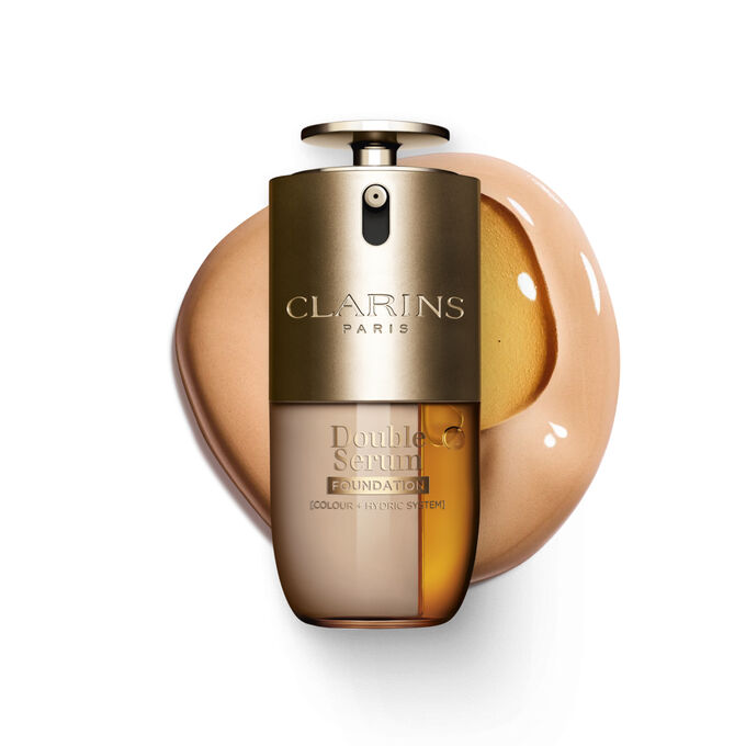 Packshot of Clarins Double Serum Foundation available for every skin tone, featuring key ingredients turmeric and papain 