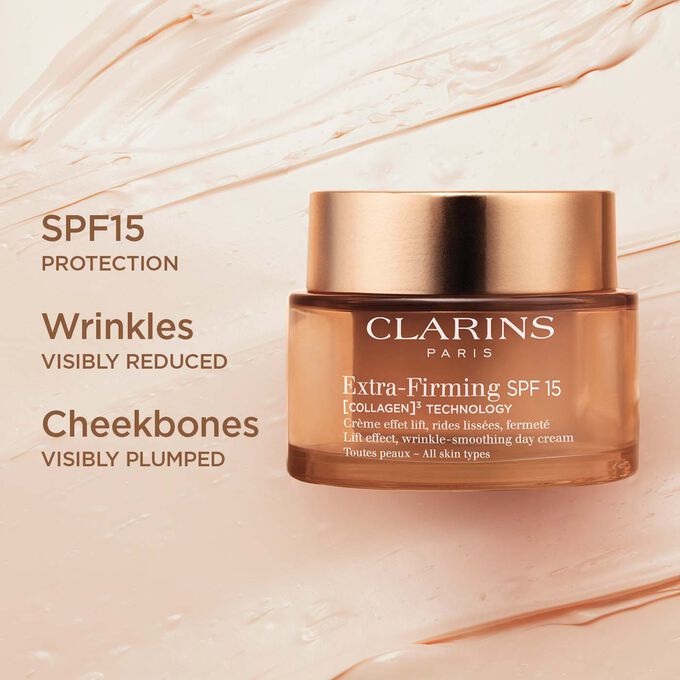 Packshot of the Extra-Firming Day Cream with SPF to illustrate the cheek-plumping, wrinkle-reducing and sun protection effects.