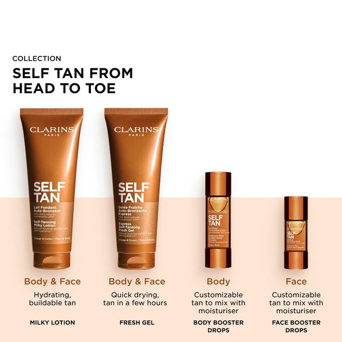 Packshot of Clarins Fake-Tanning range including Self-Tanning Face and Body products for a radiant, golden, sun-kissed glow.
