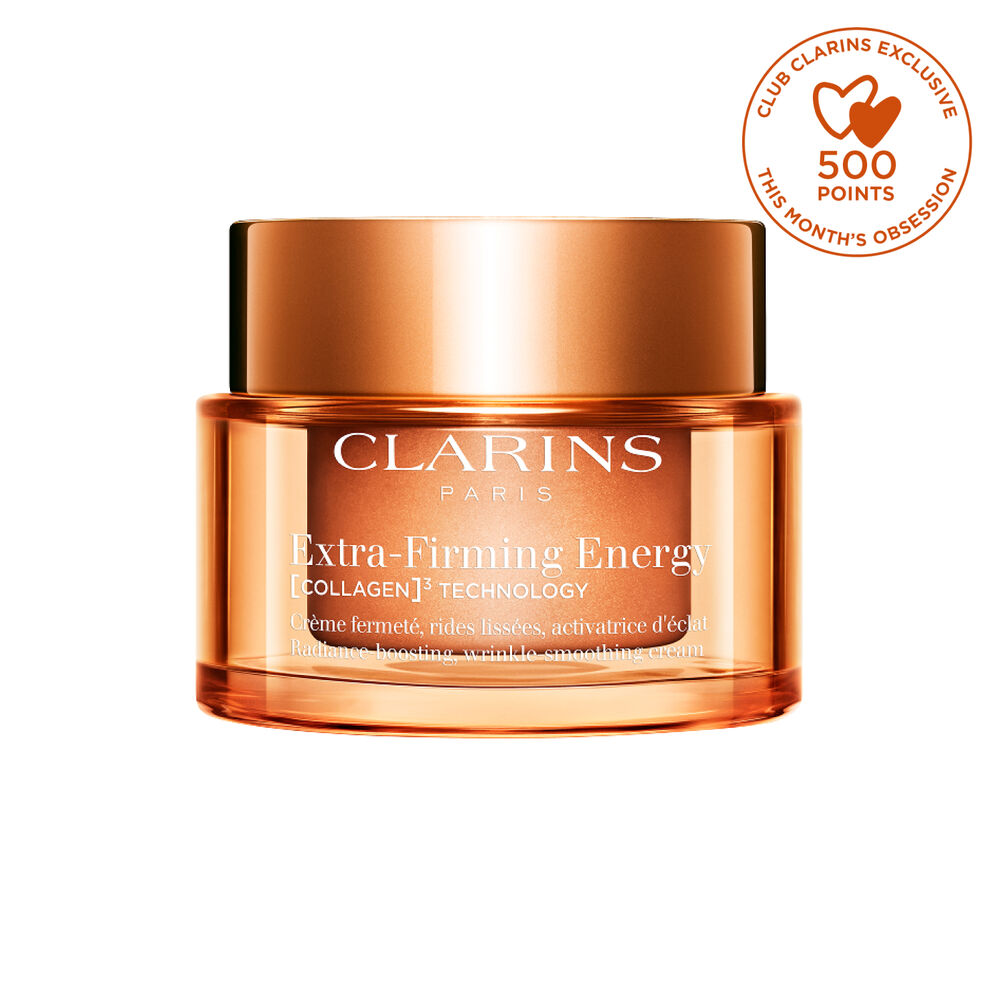 Packshot of Extra-Firming Energy cream by Clarins next to Red Ginseng, Collagen molecule, Mitracarpu on a beige background
