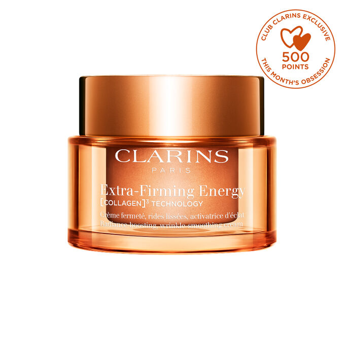 Packshot of Extra-Firming Energy cream by Clarins next to Red Ginseng, Collagen molecule, Mitracarpu on a beige background