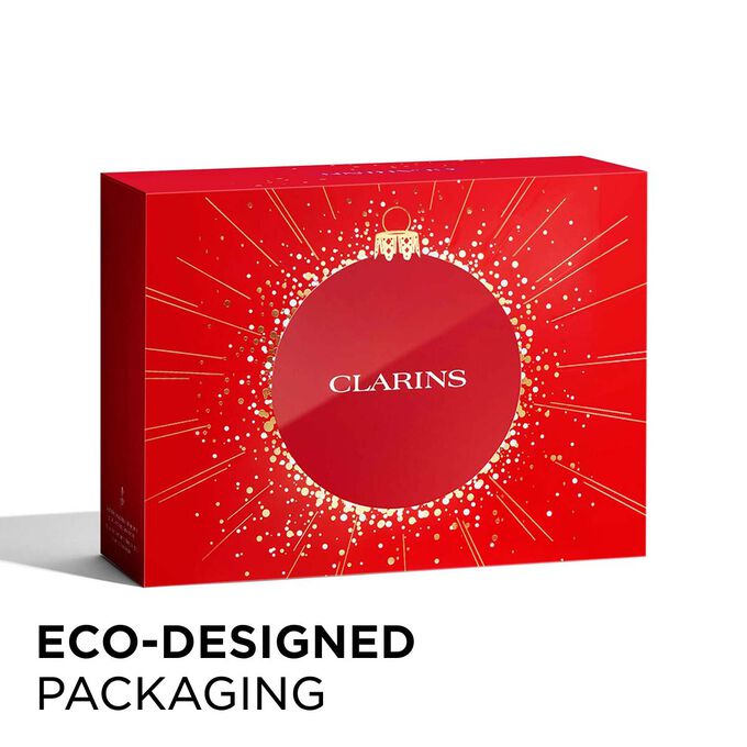 Packshot of Clarins Christmas gift pack with eco-friendly packaging, emphasizing sustainability and thoughtful gift-giving.