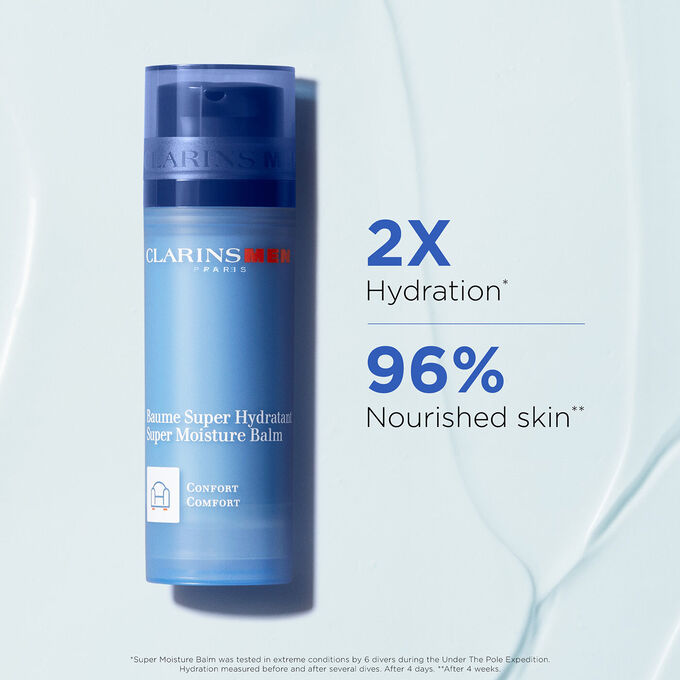 Packshot of Clarins Men Super Moisture Balm with text emphasising the product’s soothing and energising power.