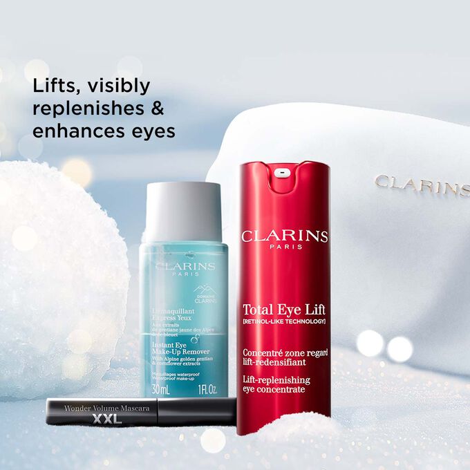 Packshot of Clarins Christmas gift set highlighting eye care that lifts, replenishes, and enhances the eyes visibly and gently