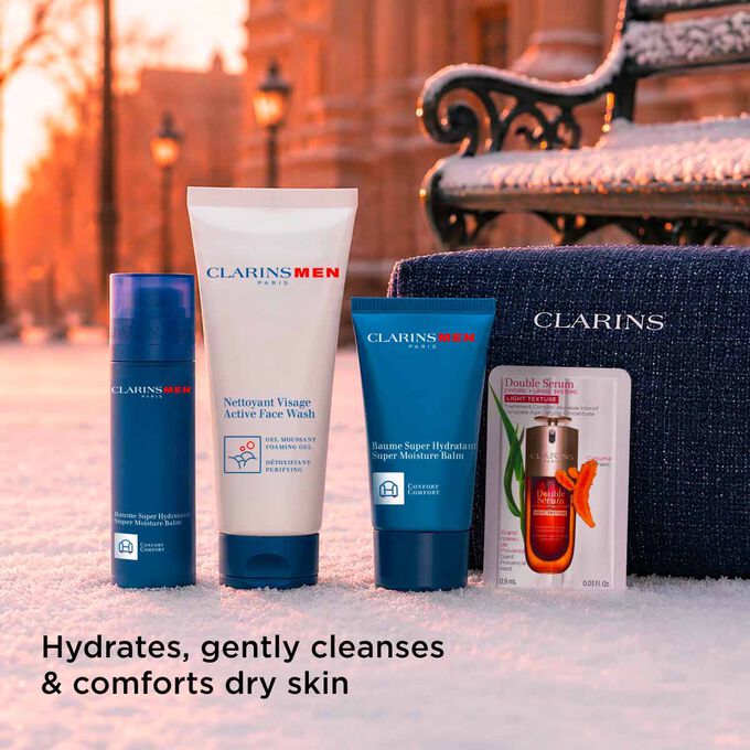 Packshot of Clarins Men Christmas gift set highlighting care that hydrates, cleanses, and soothes dry or sensitive skin types