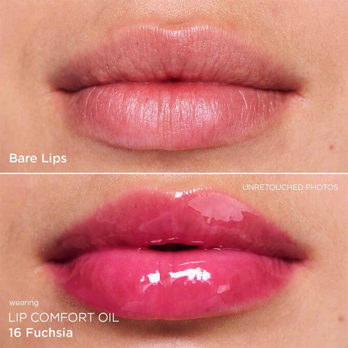 Before and after close-up of a woman’s lips, showing the results after applying the fuchsia lip oil.