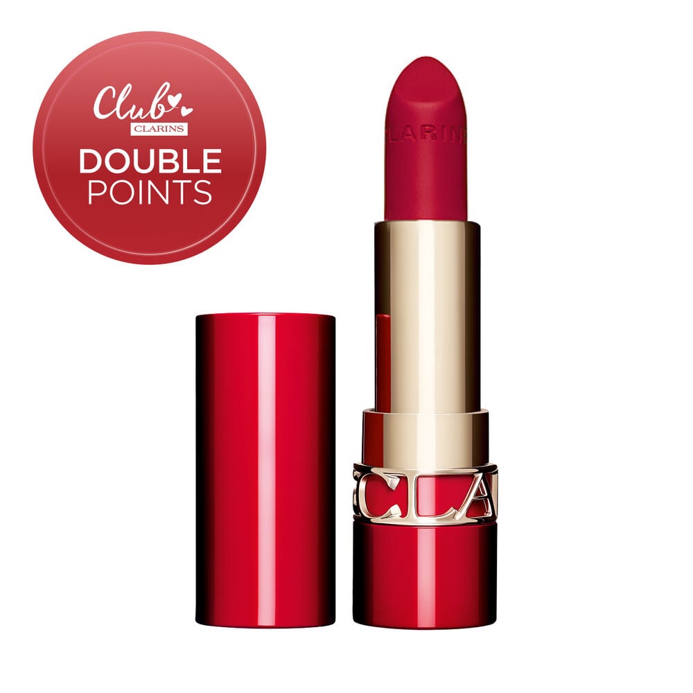 Packshot of the refillable red lipstick Joli Rouge in Shade 742V by Clarins, highlighting its sustainable and elegant design