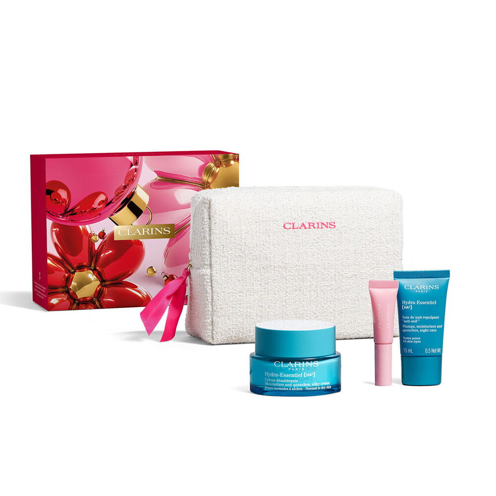 Clarins hydrating skincare gift set with hydra essentiel cream lip perfector and night care inside a floral beauty pouch.