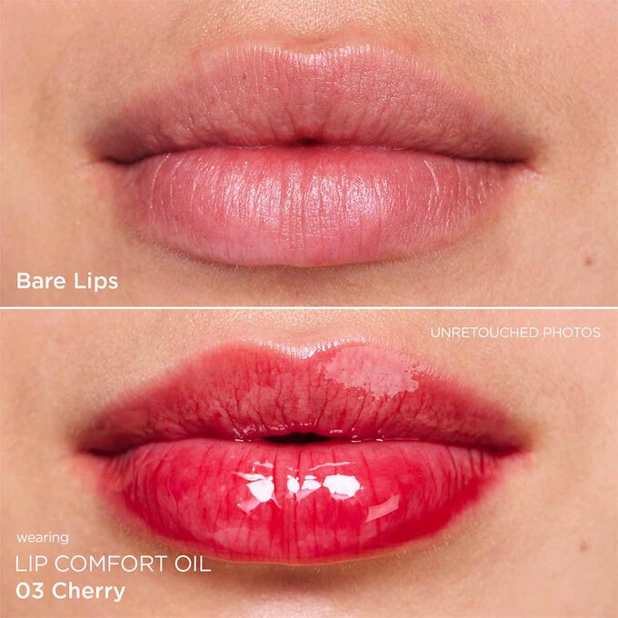 Before and after close-up of a woman’s lips, showing the results after applying the dark red lip oil.