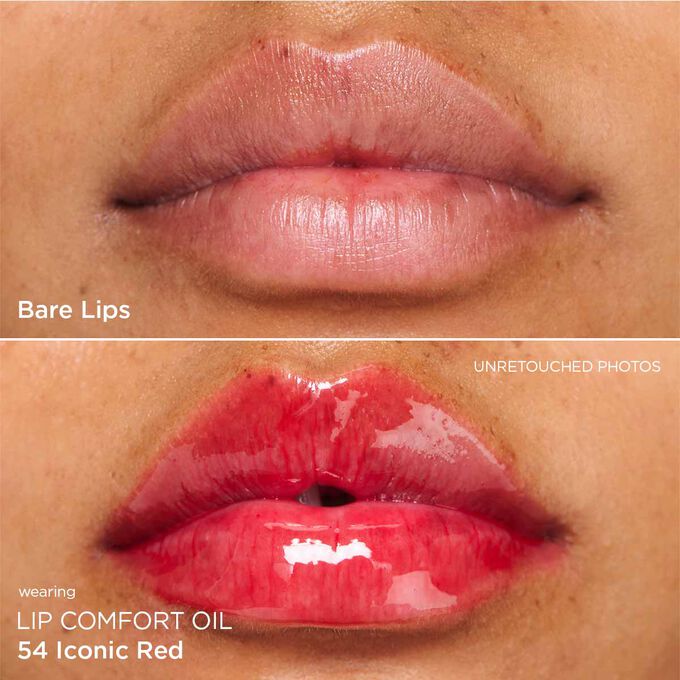 Before and after close-up of a woman’s lips, showing the results after applying the red lip oil. 