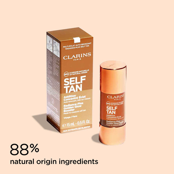 Photoshoot of Clarins Radiance-Plus Golden Glow Booster and its packaging to illustrate the natural origin of the ingredients.
