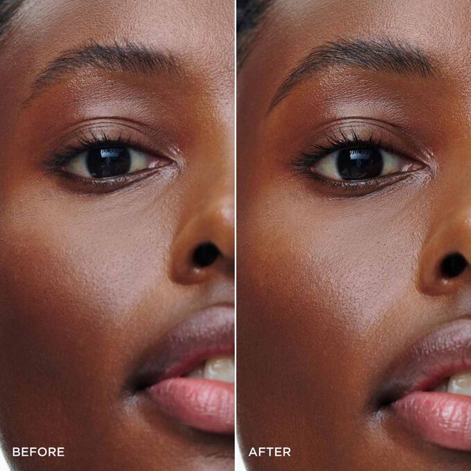 Before and after of a woman&rsquo;s brows using Clarins Dark Brown Brow Gel, showing fuller, shaped, and naturally enhanced brows.