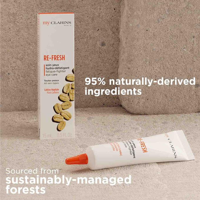 My Clarins Re-Fresh made from 95% naturally-derived ingredients with packaging sourced from sustainably-managed forests