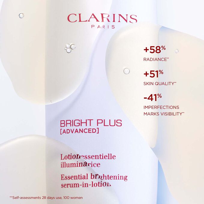 Close-up of Bright Plus Serum-in-Lotion with text highlighting its effects: enhancing radiance, improving skin quality, and reducing spots.