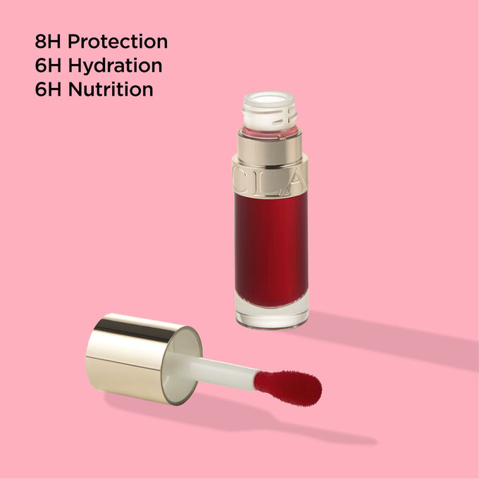Packshot of Clarins Lip Comfort Oil 03 Cherry, emphasising its nourishing, hydrating, and repairing properties.