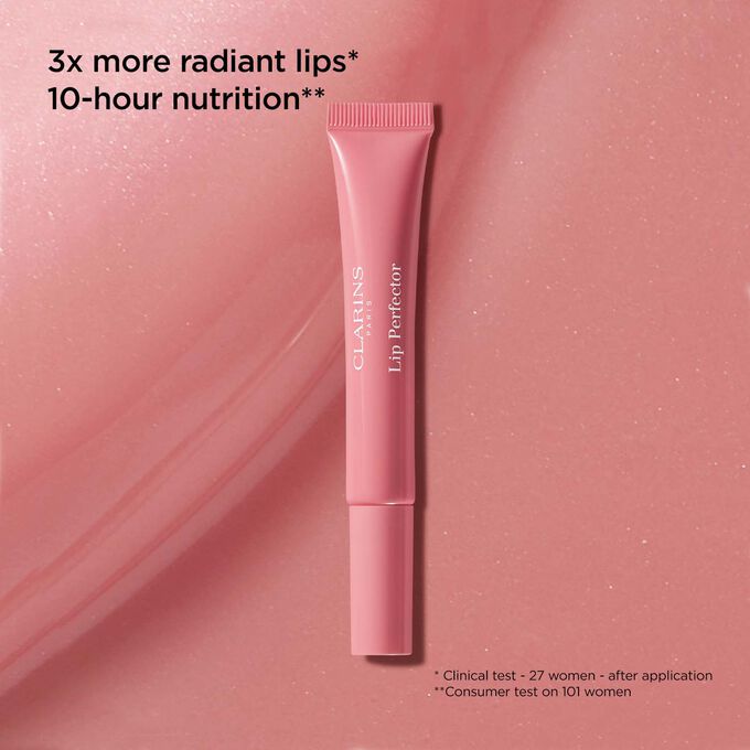 Packshot of Clarins Lip Perfector 01 Rose Shimmer lip balm with text emphasising its nourishing and natural glowing effects.