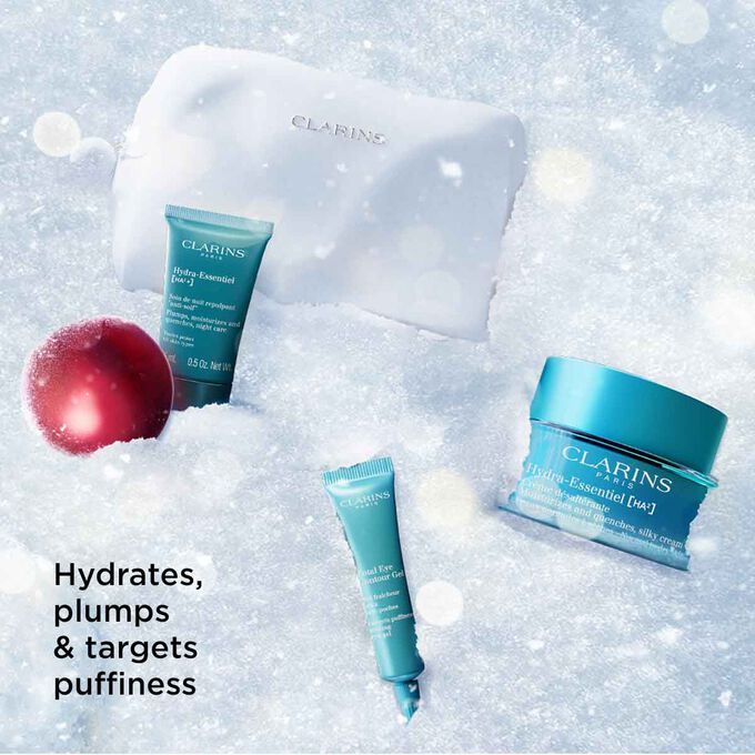 Packshot of Hydra-Essentiel Christmas gift pack, including full-sized hydrating cream, night cream, and eye contour products.