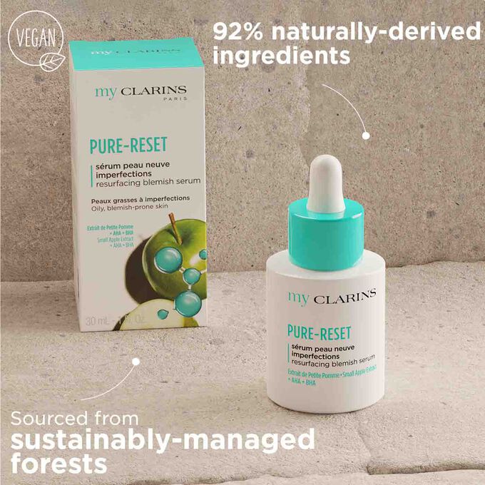 My Clarins Pure-Reset Serum made from 92% naturally-derived ingredients with packaging sourced from sustainably-managed forests