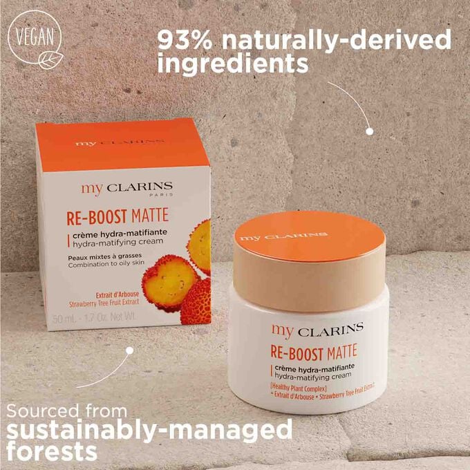 My Clarins Re-Boost Matte made from 93% naturally-derived ingredients with packaging sourced from sustainably-managed forests