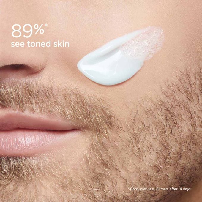 Focus on a man's cheek to illustrate that 88% of face cleanser users found their skin cleaner and more toned.