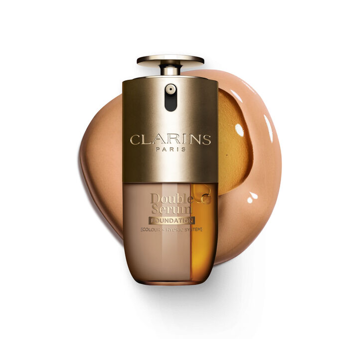 Packshot of Clarins Double Serum Foundation available for every skin tone, featuring key ingredients turmeric and papain 
