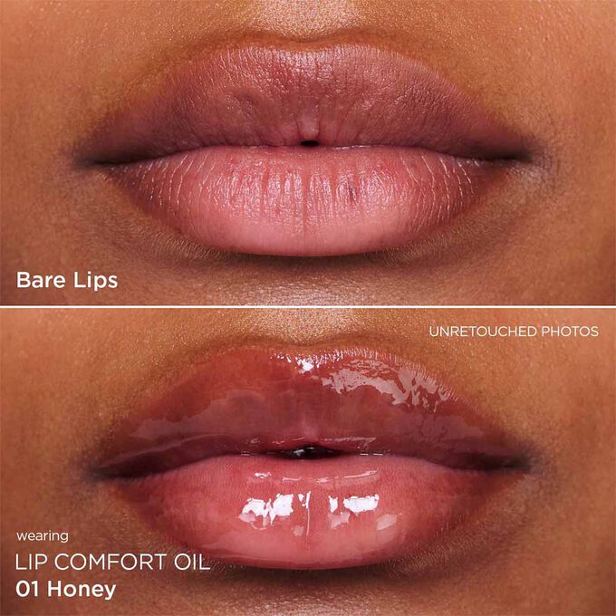Before and after close-up of a woman’s lips, showing the results after applying the orange lip oil.