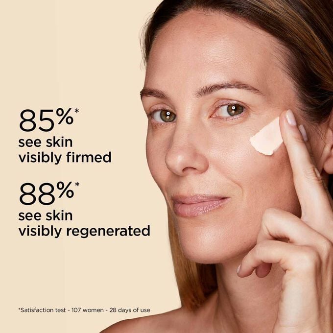 Close-up of a woman's cheek to show 88% of users saw visibly regenerated skin with Clarins Extra Firming skin care.