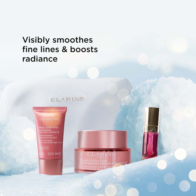 Packshot of Clarins Christmas gift set with first anti-aging care that smooths fine lines and restores glow to tired skin