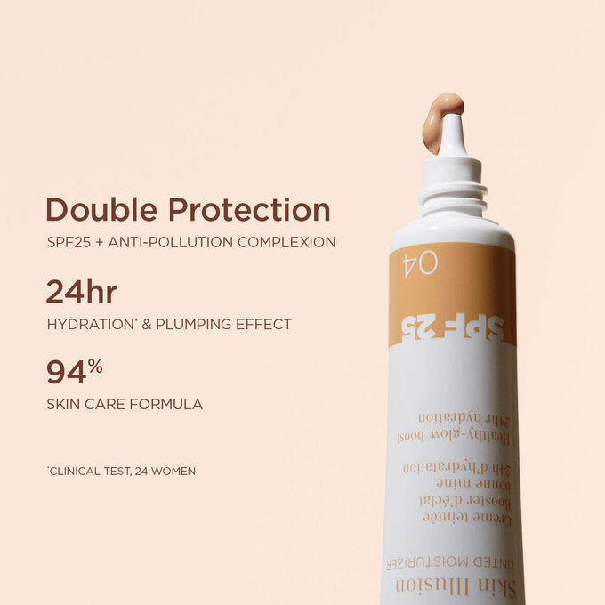Close-up of the Skin Perfector in medium highlighting its dual protection against sun and pollution, along with its hydrating effects