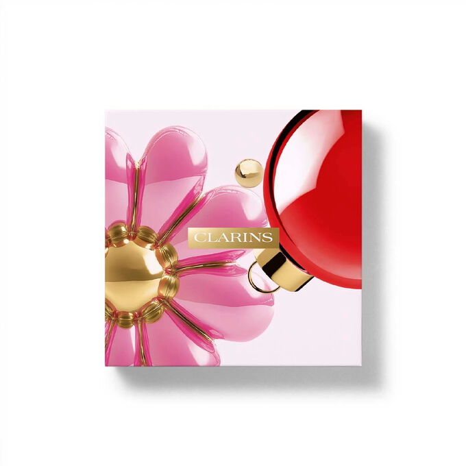 Packshot of Clarins Christmas gift pack with eco-friendly packaging, emphasizing sustainability and thoughtful gift-giving.