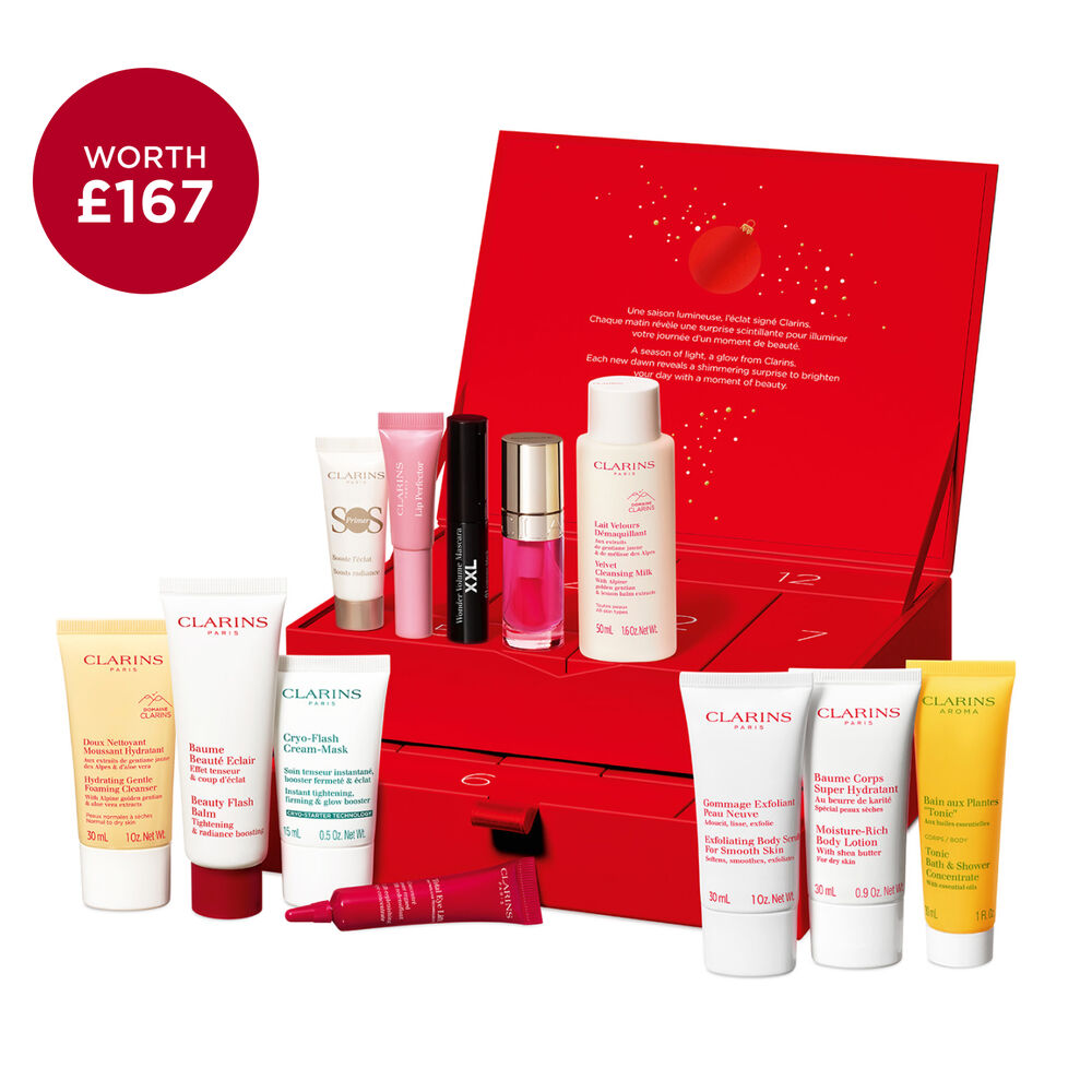 Packshot of Clarins’ 12 Days Beauty Christmas calendar featuring must-have products for your daily skincare and beauty ritual