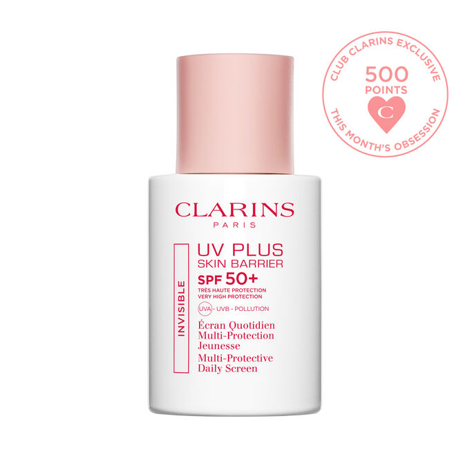 Packshot of Clarins UV Plus Daily Screen sun blocker in front of ginger slices, highlighting its key natural ingredient.