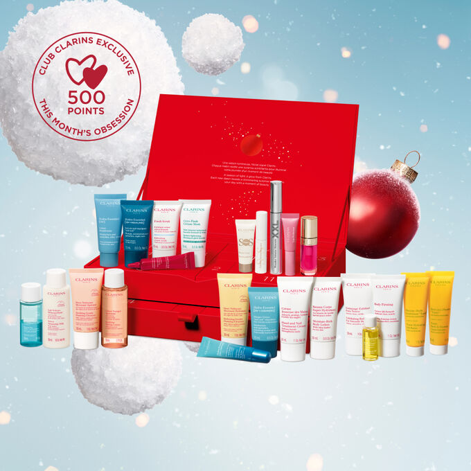 Packshot of Clarins’ 24 Days Beauty Advent calendar featuring must-have products for your beauty and skincare routine daily