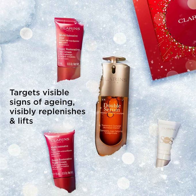 Packshot of Clarins anti-aging skincare set offering visible lifting, firming and smoothing results for a radiant younger look