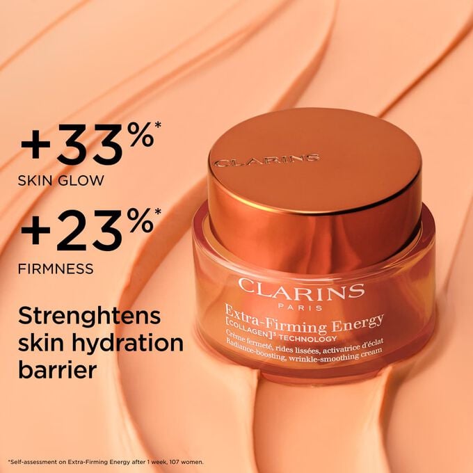 Packshot of Collagen Boost cream on a textured ground, highlighting skin glow, firmness, and strengthened hydration barrier effects