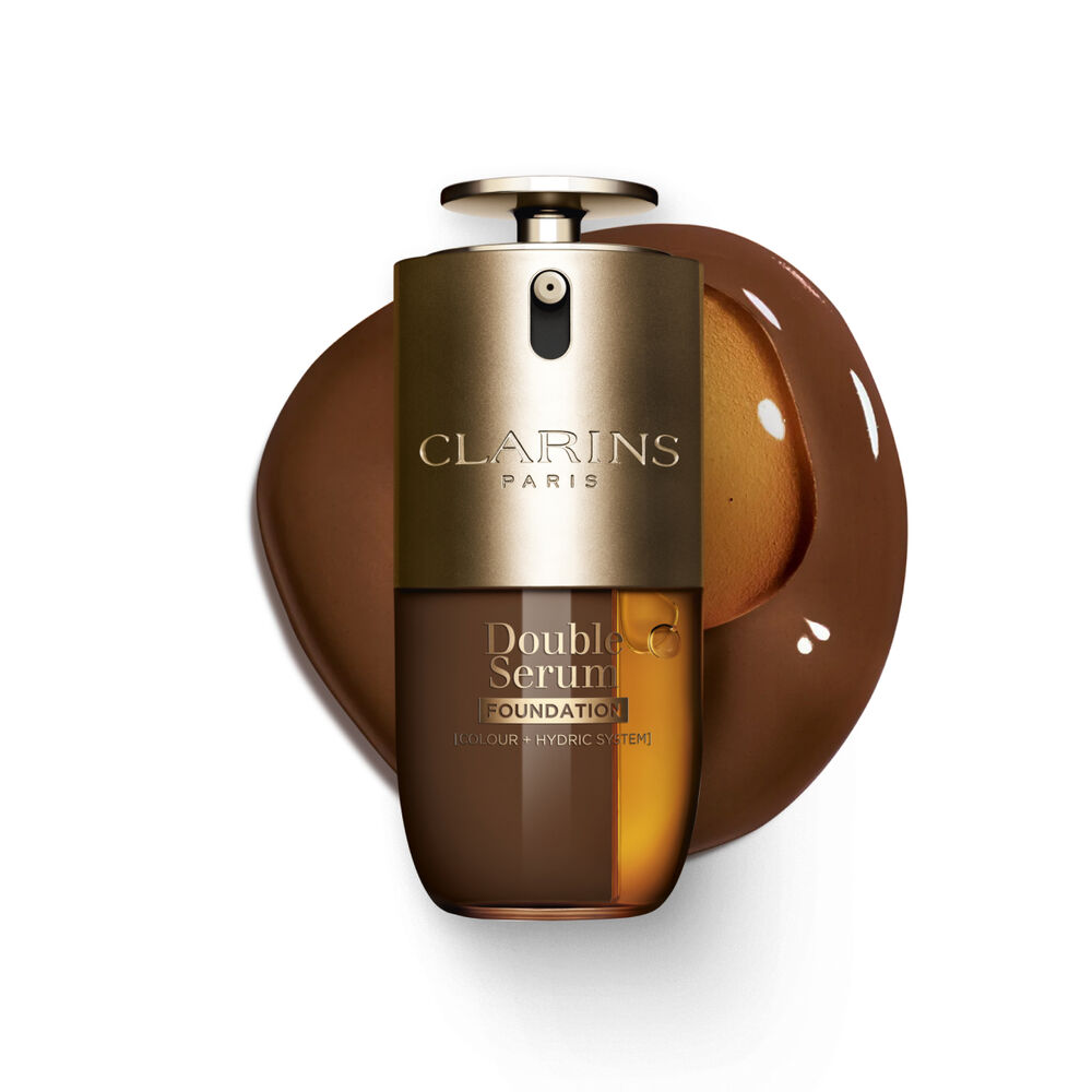 Packshot of Clarins Double Serum Foundation available for every skin tone, featuring key ingredients turmeric and papain 