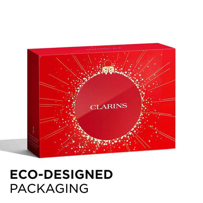 Packshot of Clarins Christmas gift pack with eco-friendly packaging, emphasizing sustainability and thoughtful gift-giving.