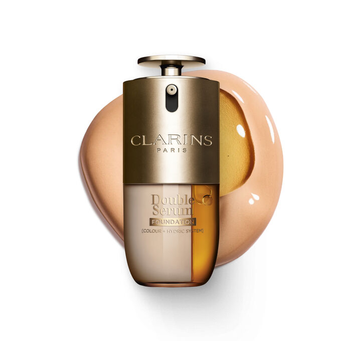 Packshot of Clarins Double Serum Foundation available for every skin tone, featuring key ingredients turmeric and papain 