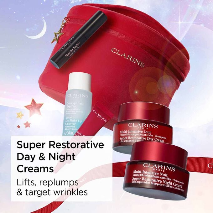 Clarins Super Restorative Holiday Gift Set featuring Multi-Intensive Day and Night Creams to lift, plump and target wrinkles.