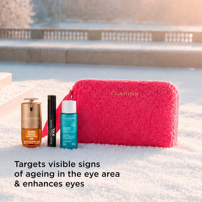 Double serum eye care set with eye makeup remover and mascara to target visible ageing signs dark circles and enhance eyes.