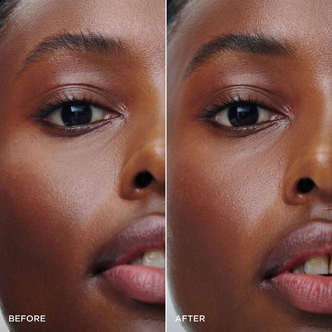Before and after of a woman&rsquo;s brows using Clarins 2-in-1 Dark Brown Brow Pencil, showing fuller, shaped, and defined brows.