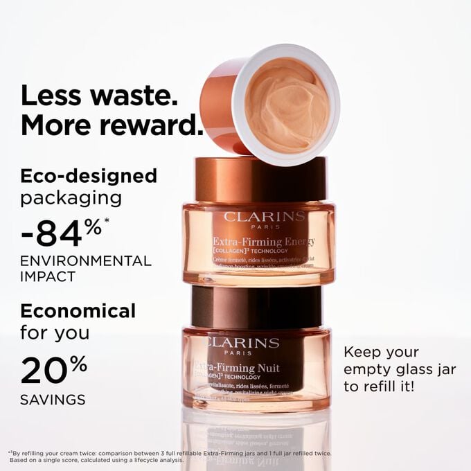 Packshot of Extra-Firming packaging and refill, highlighting eco-designed packaging and refillable features for sustainability