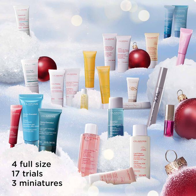 Packshot of Clarins Skincare & Make-up Advent calendar with 4 full-size products, 17 trials, and 3 minis of Clarins essentials