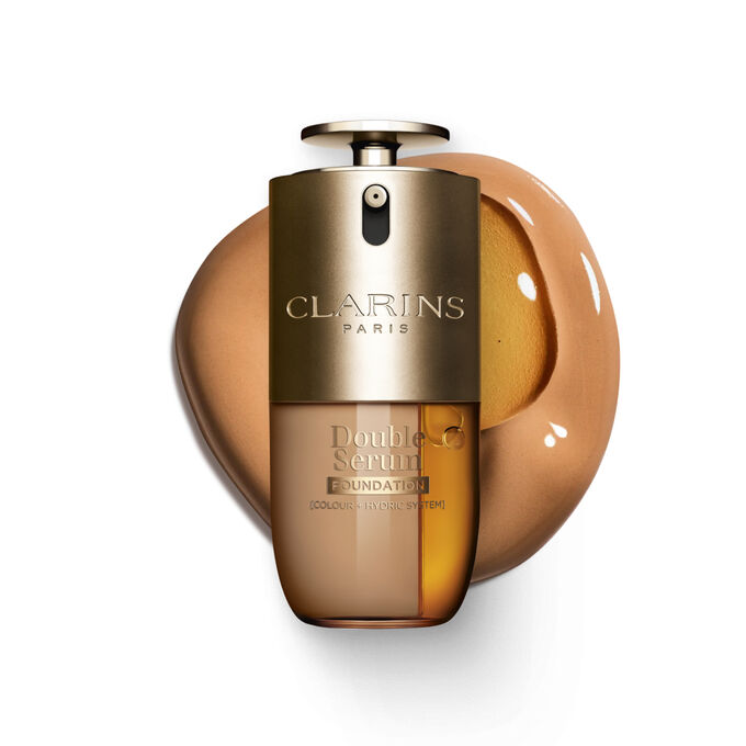 Packshot of Clarins Double Serum Foundation available for every skin tone, featuring key ingredients turmeric and papain 