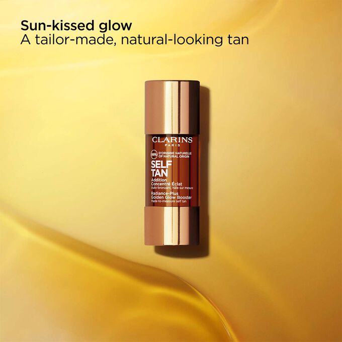 Packshot of Clarins Radiance-Plus Golden Glow Booster for Face, with text highlighting that it provides a sun-kissed glow.