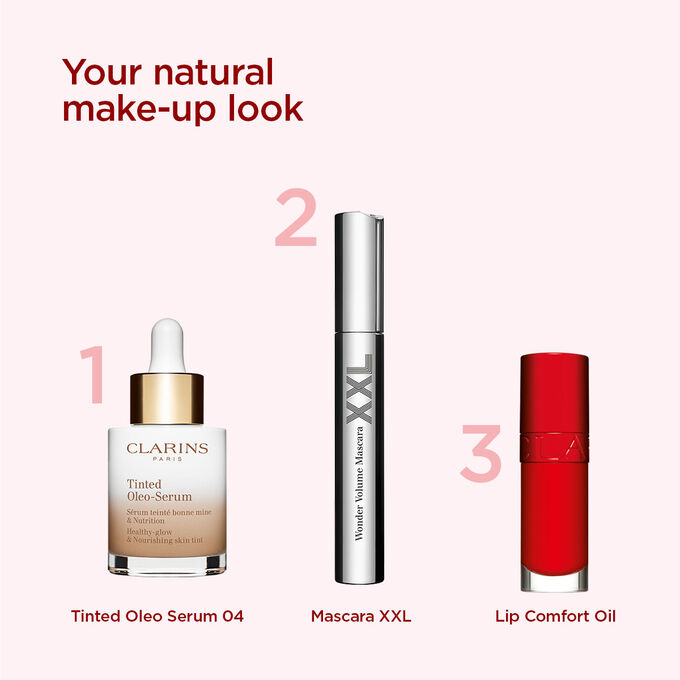 Clarins make-up selection for achieving a natural look, featuring a tinted serum, volumizing mascara and red lip oil.