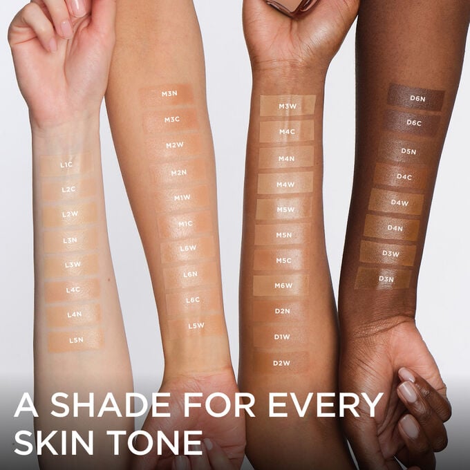 Armswatch of all serum foundation shades from light to medium to dark, showcasing the range of tones for every skin tone