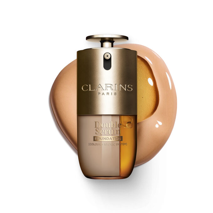 Packshot of Clarins Double Serum Foundation available for every skin tone, featuring key ingredients turmeric and papain 
